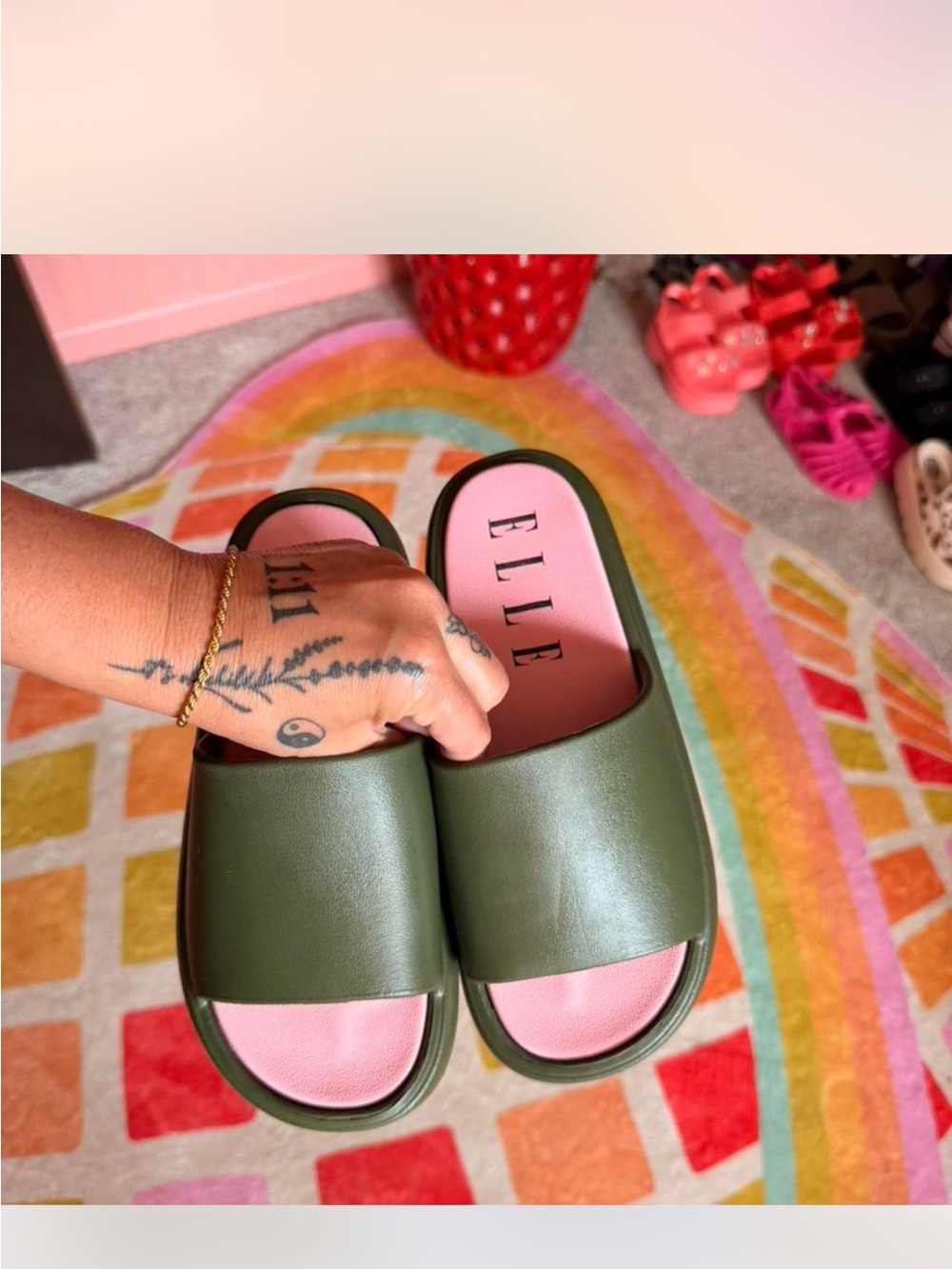 Elle Green Slide Sandals with Pink Footbed